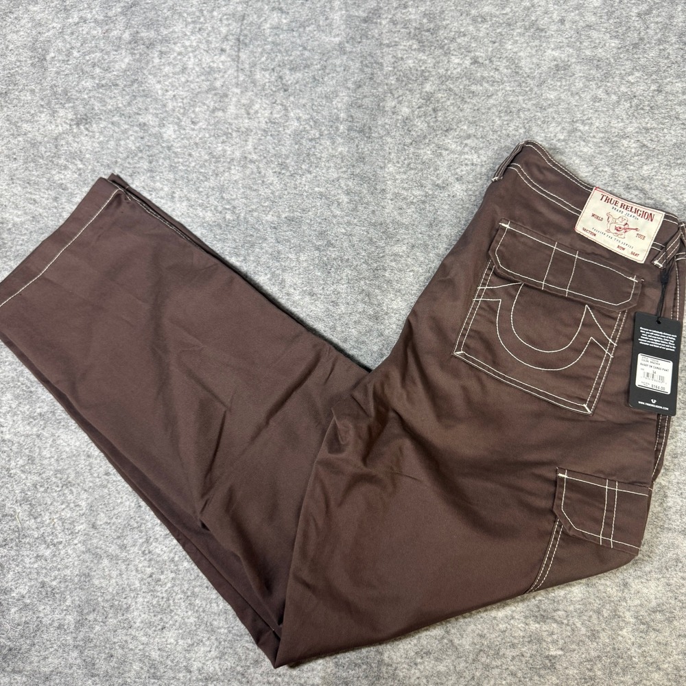 True Religion Mens Baggy SN Cargo Pants Bracken Brown White Contrast Stitch 34